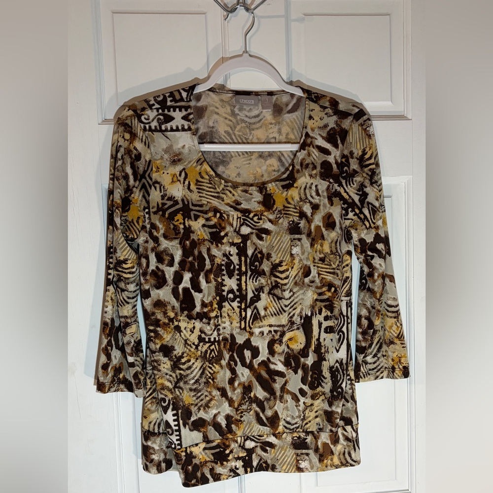 Chico’s Artistic Pattern Long Sleeve Top - Brown and Gold
